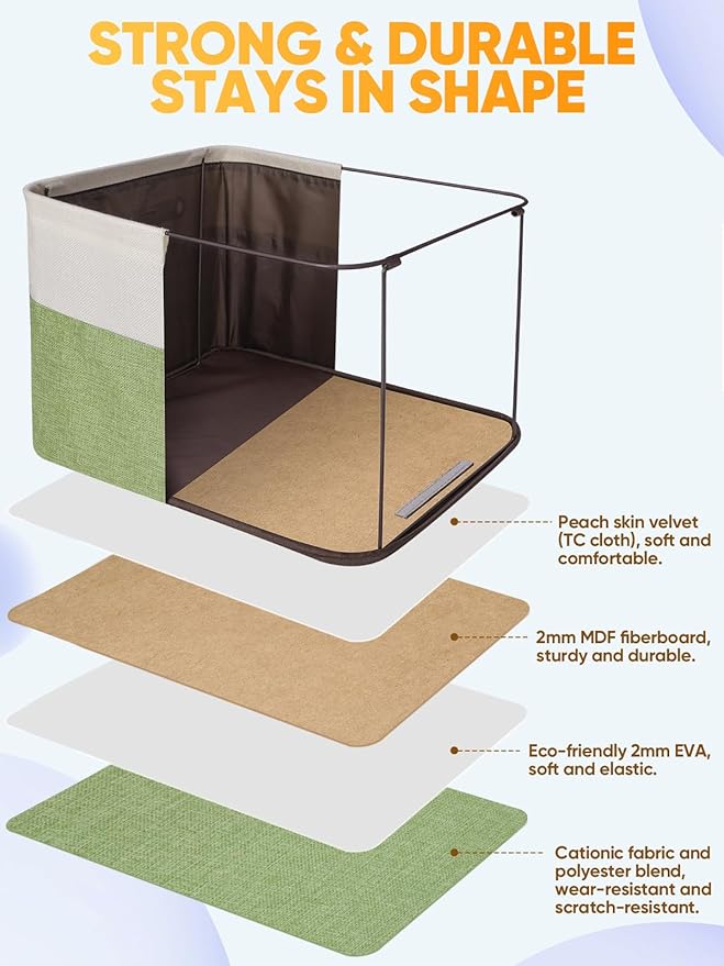 BALEINE 3 Pack Fabric Storage Bins for Shelves, Linen Storage Baskets for Organizing, Decorative Closet Bins for Clothes, Home (Green, 12"x8"x8")