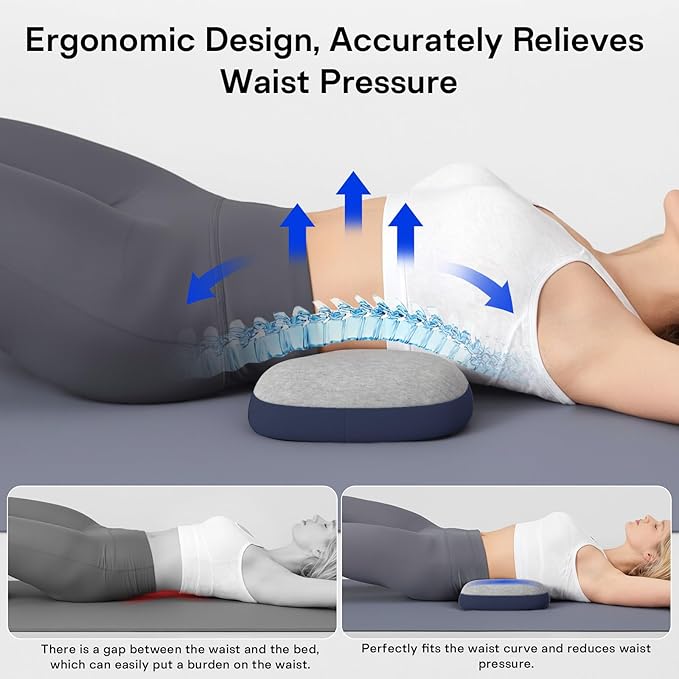 Lumbar Support Pillow for Bed, Memory Foam Pillows for Back Pain Relief, Lower Back Pain Relief Pillow for Sleeping, Adjustable Lumbar Pillow for Sleeping, Bed, Car, Couch (Grey - Navy Blue)