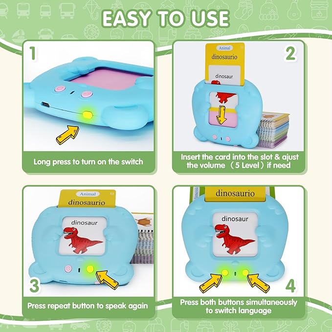 Whongkidz Spanish Talking Flash Cards, Bilingual Toy for Kids Toddlers Pocket Speech Audible Flashcards, Educational Autism Sensory Toys for Autistic Children, Speech Therapy Toys (Blue_112 Cards)