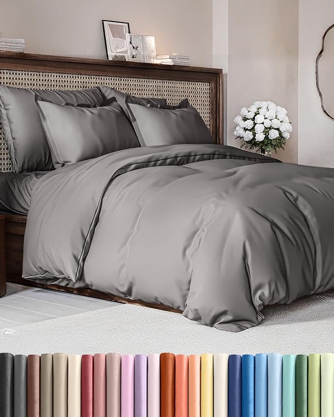 Duvet Cover Queen Size Set - Extra Soft Queen Size Duvet Cover 90 x 90 with 2 Pillow Shams - Hotel Luxury Easy Care and Fade Free w/Zipper Closures & Ties - Comfy Breathable Bedding Set (Dark Grey)