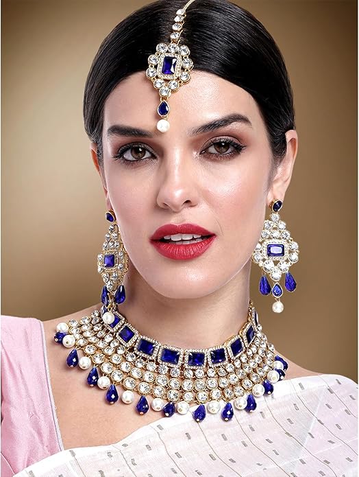 Aheli Kundan and Simulated Colored Stones Indian Ethnic Maang Tikka Necklace and Earrings Set Bollywood Festive Statement Jewelry Gift for Women