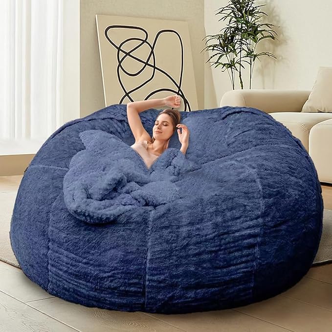 Bean Bag Chairs for Kids Comfy Fluffy Bean Bag Chair Covers Only (No Filler) Round Sofa Chairs for Bedroom Living Room Decor, 5FT, Blue