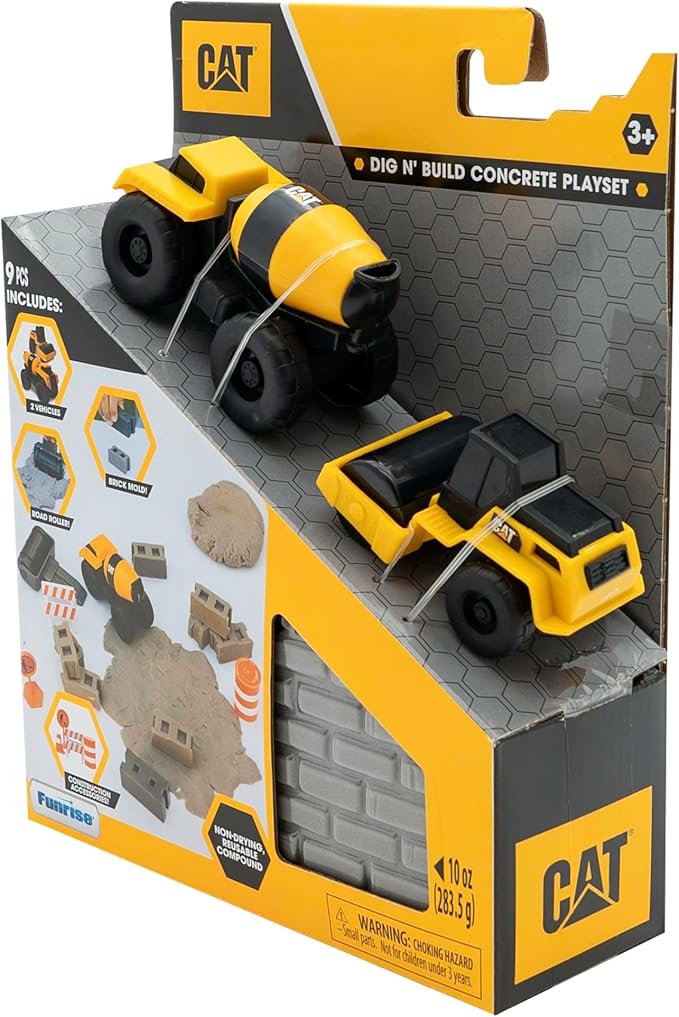 CAT Construction Toys, Dig N' Build Concrete Playset with 10 Oz of Compound, 2 Little Machine Vehicles, Ages 3+