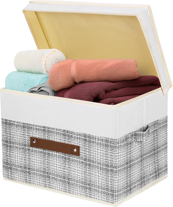 TYEERS Collapsible Storage Bins with Lids, Patchwork Design, Washable, Fabric Storage Boxes, 14.9x9.8x9.8 inches, 3 Pack, Gray