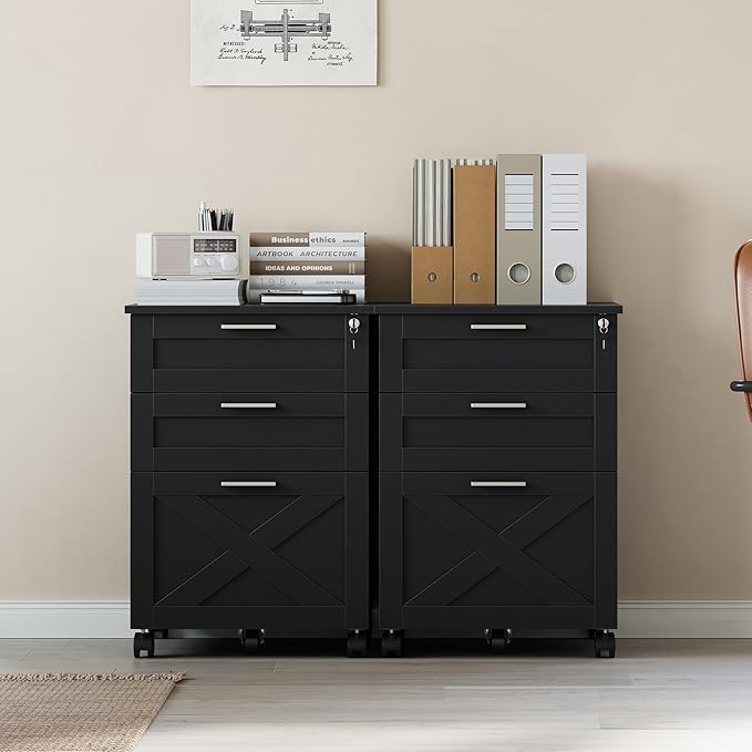 3-Drawer Rolling File Cabinet with Lock - Wooden Mobile Filing Cabinet for Home Office, Under Desk Storage Organizer fits Letter/A4/Legal Size, Sturdy Printer Stand with Locking Casters, Black