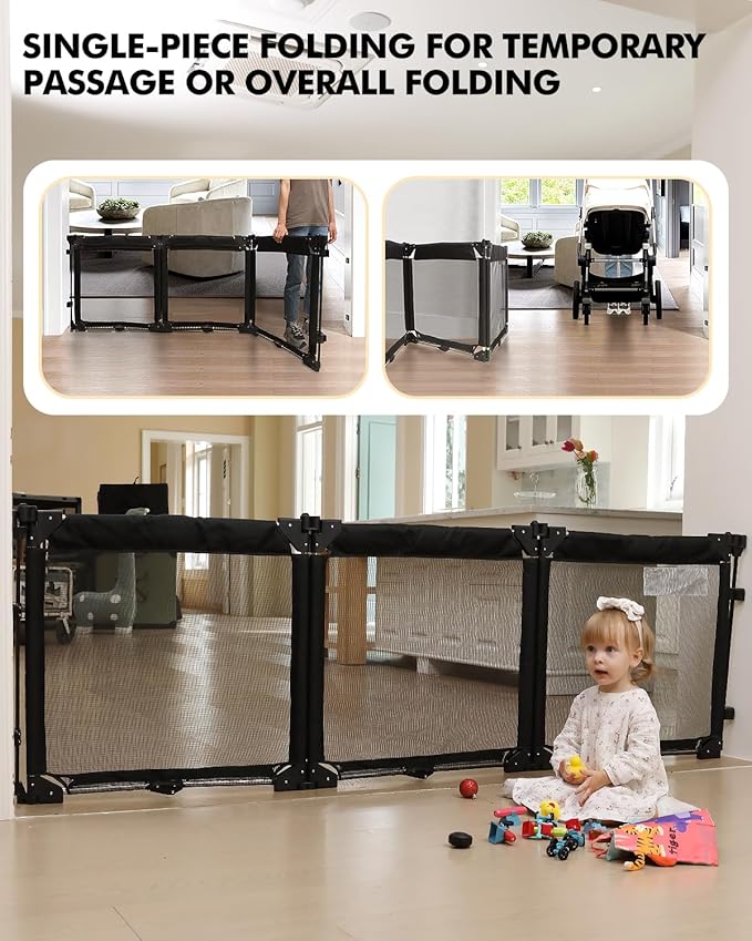 Extra Wide Baby Gate Playpen with Heat-Resistant Mesh,3 Panel Foldable Baby Fence,Indoor/Outdoor Safety Barrier,Dog Playpen & Fireplace Gate