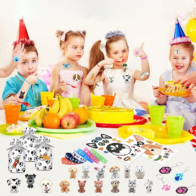 122Pcs Dog Party Favors Gift Set for Kids Dog Birthday Party Supplies Include 12 Dog DIY Face Stickers 12 Dog Bags 12 Keychains 12 Bracelets 50 Stickers for Puppy Party Favors