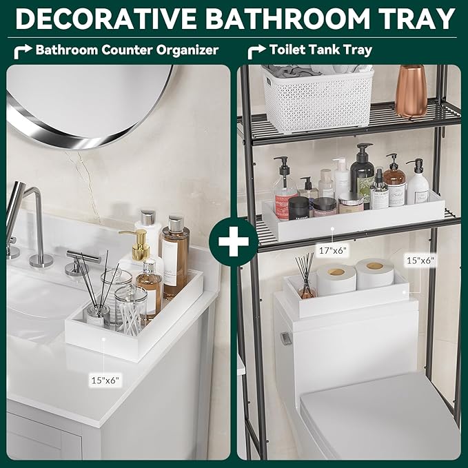 Lixple Bamboo Drawer Organizer, Extra Large Silverware Organizer for Kitchen Drawer, Stackable Utensil Organizer, 2 Pcs Toilet Tank Topper Tray, Wooden Toilet Paper Basket (White, 17 X 6 X 2 Inch)