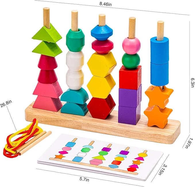Montessori Toys Bead Sequencing, Wooden Lacing Beads & Matching Shapes Colors Stacking Toy for 2 3 4 5 Year Old, Toddlers Preschool Learning Fine Motor Skills Toys