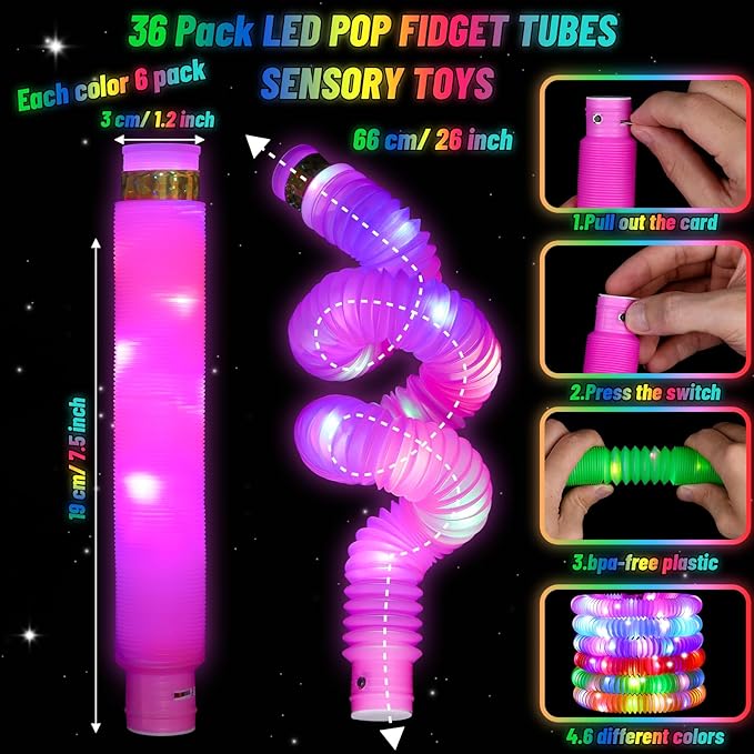 76 Pcs Glow Sticks Light Up Pop Tubes &LED Glasses Party Favors, Glow Bracelets Necklaces Camping Toys, Rave Neon Flashing Glasses for Birthday Return Gift Goodie Bag Christmas Stuffer School Prizes