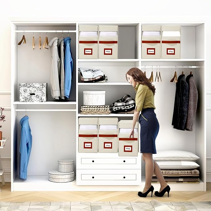 4 Pack Large Bed Sheet Organizer, Foldable King Queen Sheet Organizers and Storage with Oxford Fabric, Clear PVC Window & Leather Handle – Sheet Storage Set for Blankets, Duvet Cover Set