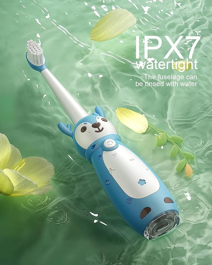 Sonic Rechargeable Kids Electric Toothbrush, 3 Modes with Memory, 35000 Strokes, IPX7 Waterproof,4 Soft Bristles Heads for Boys Girls Ages 3+ 4-7,Blue