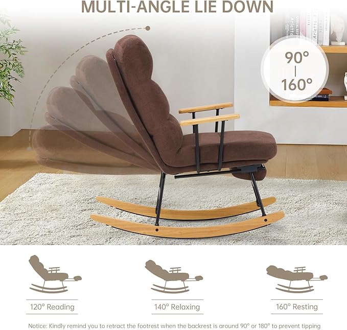 Rocking Chair with Footrest-Glider Rocker Chair with Retractable Footrest and Adjustable Backrest, Teddy Upholstered Rocking Chair Set of 2, Accent Chair for Living Room/Nursery/Bedroom/Outdoor-Brown
