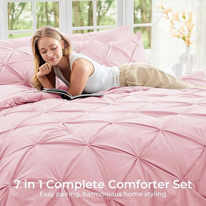 Sasttie Twin Comforter Set, 5-Piece Bed in a Bag, Pintuck Bedding Sets for All Season, Includes Comforter, Flat Sheet, Fitted Sheet, Pillowcase and Pillowsham, Baby Pink