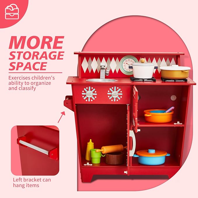 Classic Kitchen Playset, Wooden Play Kitchen for Toddler, with Toy Storage Space, Sink, Faucet and Burners, Microwave Oven, Gifts for Ages 3-8