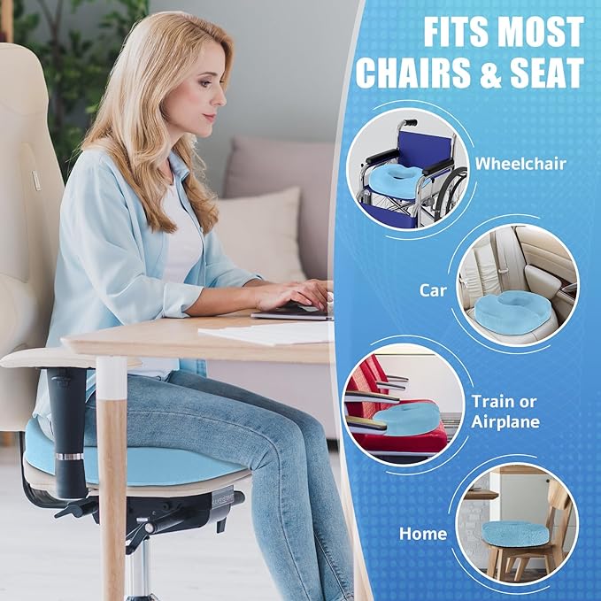 BlissTrends Donut Pillow Seat Cushion, Chair Cushions for Postpartum Pregnancy & Hemorrhoids, Tailbone Pain Relief Cushion, Memory Foam Lifting Cushions for Office&Home Chairs (Light Blue, XX-Large)