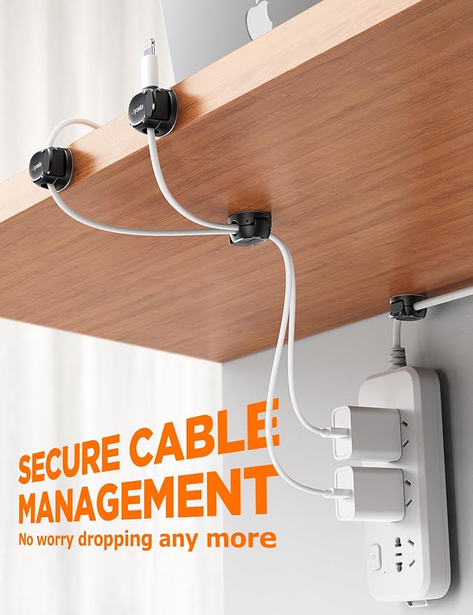 8Pack Cord Organizer [Dual Spring & Clasp, Max Secure] Cable Clips - Chfeila Cable Management, Adhesive Phone Charging Wire Holder for Nightstand/Wall, Home Office Desk Accessories Decor Essentials