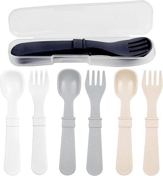 Re-Play Made in USA Toddler Forks and Spoons, Pack of 8 With Carrying Case - 4 Kids Forks with Rounded Tips and 4 Deep Scoop Toddler Spoons - 0.2" Thick Toddler Utensils with Case, Monochrome