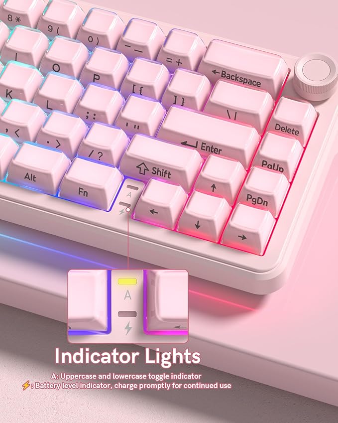 Keymatic 65% Layout Wireless Mechanical Keyboard,Cute Crystal Gaming Keyboard with Knob, Hot Swappable Pre-lubed Switches,Gasket Mounted RGB for Win/Mac,Pink