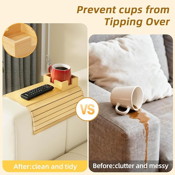 Bamboo Couch Cup Holder & Armrest Tray - Extend Your Comfort with a Secure Drink Slot and Snack Space for Recliner, Loveseat, or Sofa (Large)