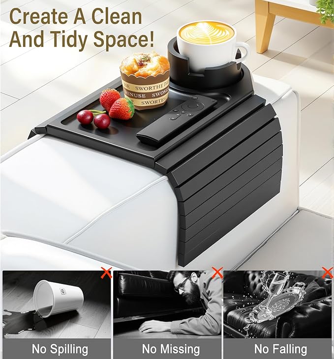 Couch Arm Tray, Bamboo Sofa Table for Couch, Sofa Arm Tray with Cup Holder, Non-Slip Armrest Organizer for Drink, Cup, Snack, Control, Easy to Clean, Black