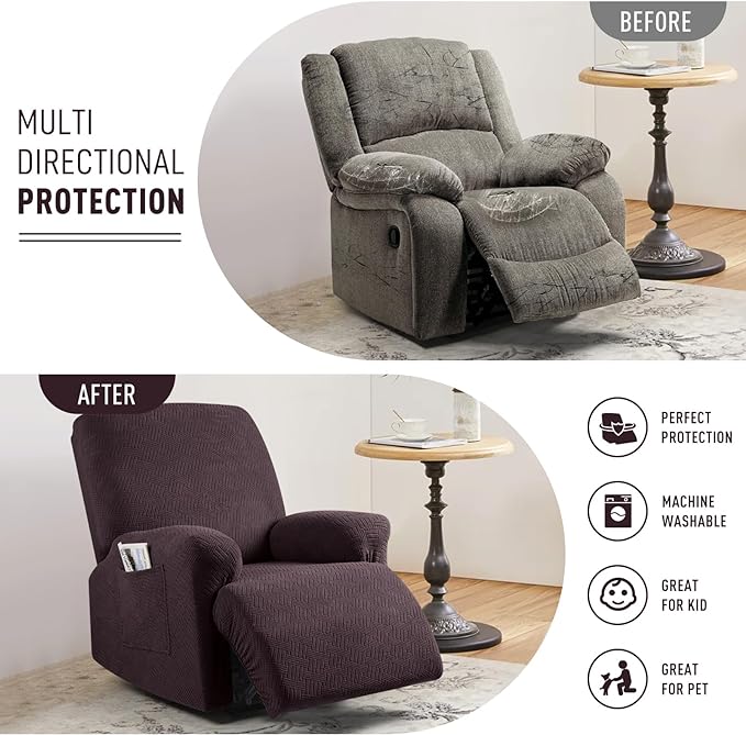 KinCam Recliner Covers, Stretch Reclining Chair Covers, Recliner Sofa Slipcovers Stripe Jacquard Recliner Couch Covers Furniture Protector Covers for Pet Kid (1 Seater, Chocolate)