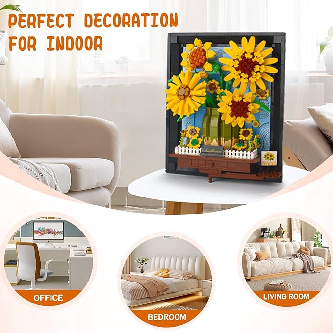 Topdear 3D Sunflower Building Block Sets with Frame, Sunflower Flower Bouquet Building Set for Kids Age 6+, Adult, Creative Framed 3D Sunflowers Building Kit Gift for Mother's Day, Birthday, Christmas