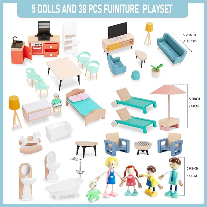 43PCS Wooden Dollhouse Furniture Set for Kids Toddlers 3Y+,Wood and Plastic Blue Dollhouse Accessories, Pretend Play Furniture Toys Christmas Birthday Gift for Boys Girls