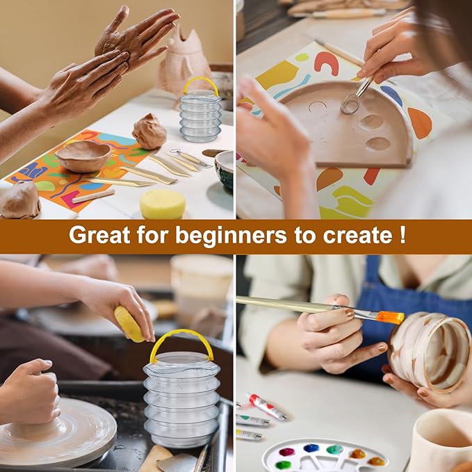 Air Dry Clay for Adults Kids - Pottery Kit for Beginners, Sculpting Tools Set, How-to-Guides, Paints, Brushes, Sponge, Varnish, Letter Stamps, Frosted Strip, Perfect for Party Holiday Craft Gift