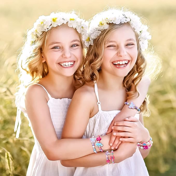 G.C 24 Pcs Girls Bracelets Jewelry for Kids Cute Unicorn Mermaid Animal Pendant Colorful Wooden Beaded Bracelets Princess Pretend Play Gifts for Toddlers