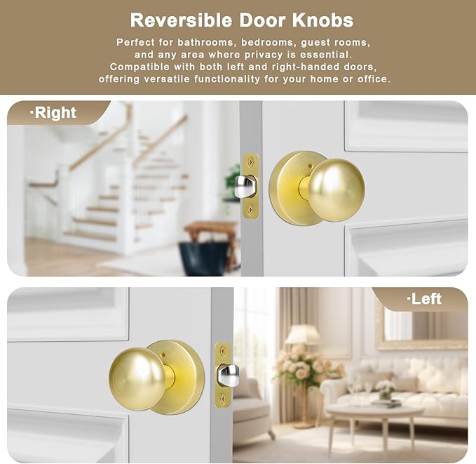Gold/Brass Door Knob, Privacy Door Knobs Interior with Push-Button, Vintage Door Knob with Lock for Bedroom and Bathroom, 1 Pack