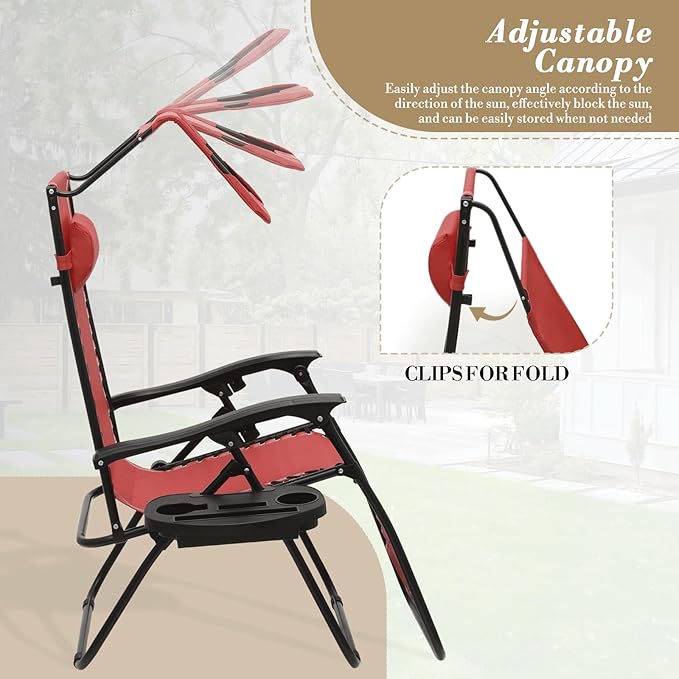 Athena Collection Zero Gravity Outdoor Lounge Chair Set of 2 with Canopy Shade, 25" Width Pool Lounge Lawn Chairs Reclining with Cup Holder, Outdoor Chaise for Beach Patio Outside, Dark Red