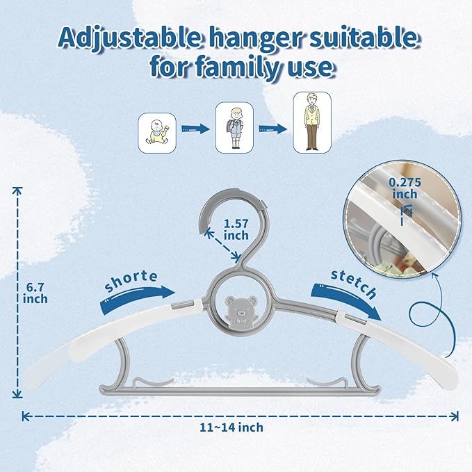 Baby Hangers 100 Pack Extendable Adjustable Kids Hangers, 11-14 Inches Non-Slip Plastic Toddler Hangers for Baby Kid Kids Children Infant Child,Stackable Kid Hangers for Closet Grey Bear