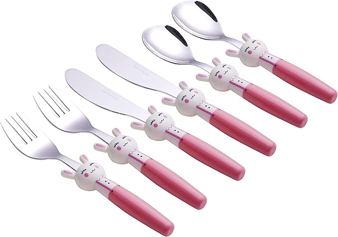 Exzact Children Flatware Pink Rabbit 6pcs Stainless Steel, Kids Silverware Toddler Utensils - BPA Free, Dishwasher Safe, 24M+
