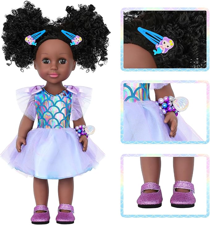 14.5 Inch Black Dolls Realistic Baby Doll Clothes and Accessories,Silicone African Baby Doll with Doll Princess Deep Sea Theme Dress Best Gift for Girls Kids