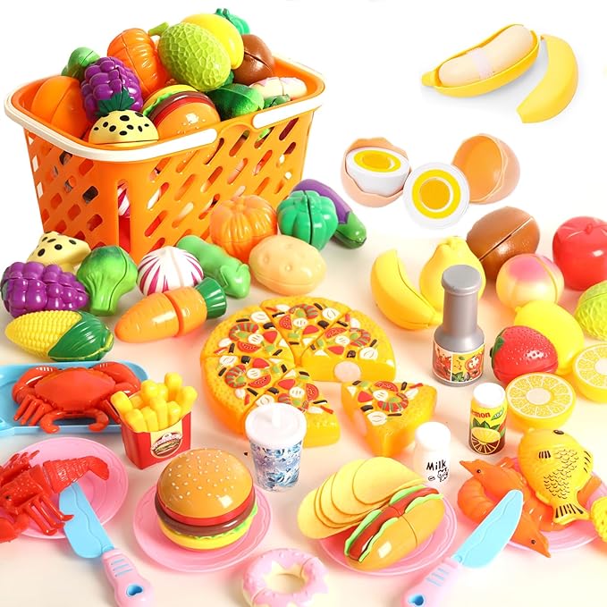 92PCS Cutting Play Food Toy for Kids Kitchen,Play Kitchen Food with Vegetables & Fruit Shopping Basket,Kids Kitchen Accessories set,Kitchen Toys,Food Toys Best Birthday Gift,Play Food for Toddlers 1-3