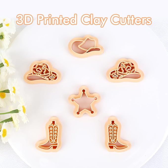 Puocaon Cowgirl Polymer Clay Cutters - 6 Pcs Clay Cutters for Polymer Clay Jewelry, Spot Cowboy Hat Shape Polymer Clay Earring Cutters, Star Clay Jewelry Cutters, Desert Boot Clay Cutters Set