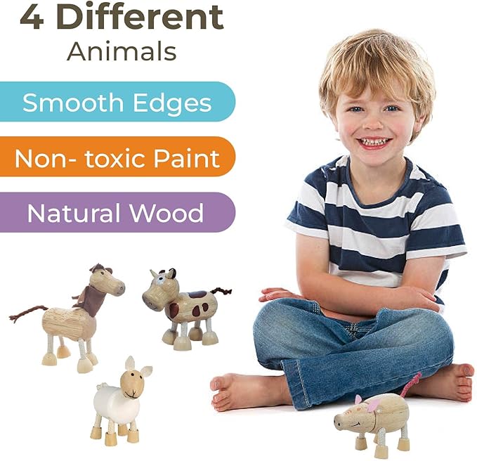 TEKOR Wooden Bendable Farm Animal Toys (Set of 4) | Ages 3 & Up | Early Education Toy Animals for Kids | Fun Montessori Toys | Smooth Natural Wood | Endless Play for Girls & Boys | Non-Toxic Paint |