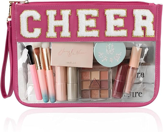 BuyCard Cheer Chenille Letter Bags Clear Makeup Bag, Cheerleader Gifts Cosmetic Bag, Varsity Preppy Patch Flat Pouch Cheer Accessories, Waterproof PVC Organizer Toiletry Bag for Women Girls