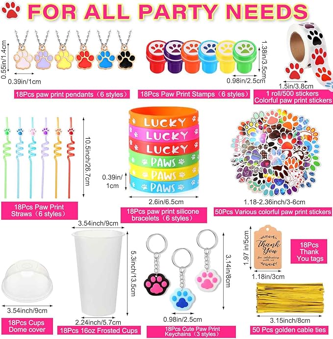 Gejoy 178 Pcs Dog Paw Party Favors Set Includes Paw Straws Cups Silicone Bracelet Keychain Stamper Sticker Pendant Chain Thank You Tag for Boy Girl Dog Theme Party Supplies(Paw)