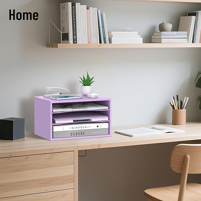 Wood Desk Organizer, 3 Tier Paper Tray Organizer for Desk with Adjustable Storage Shelves, Desktop File Organization Paper Sorter Mail Holder for Office Home Classroom, Purple