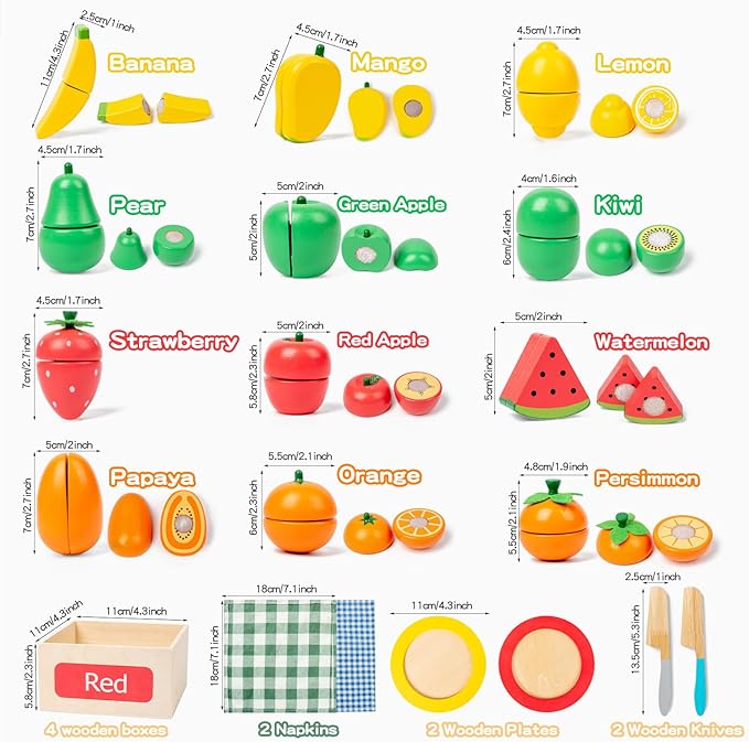 JOCY Wooden Play Food Set for Kids Kitchen – 24 Pcs Montessori Cutting & Sorting Fruits with 4 Boxes, Pretend Play Toys for Toddlers 3+, Educational Gift for Kids