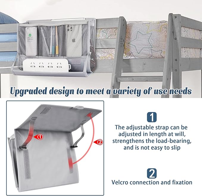 Bedside Storage Organizer with Power Strip Holder and Adjustable Straps Bed Hanging Bag for Home Bunk Bed Dorm Sofa (Light Gray)