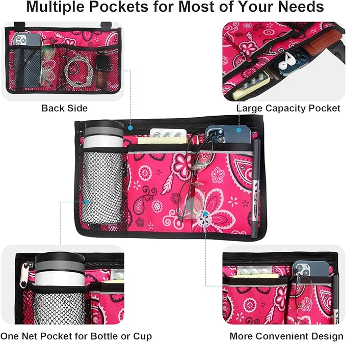 Wheelchair Side Bag, Upgrade Flower Color Wheelchair Armrest Storage Pouch with Cup Holder and Reflective Strip, Made with Waterproof Fabric, for Most Wheelchairs, Walkers and Rollators (Red Floral)