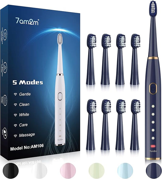 7AM2M Sonic Electric Toothbrush for Adults and Kids- High Power Rechargeable Toothbrushes with 8 Brush Heads,5 Adjustable Modes, Built-in 2-Minute Smart Timer,4 Hours Fast Charge for 30 Days(Navy)
