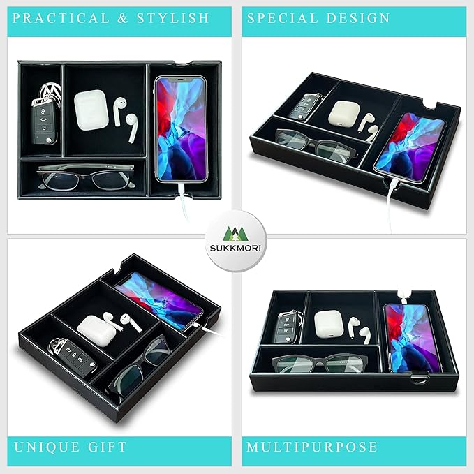 Valet Tray for Men and Women - PU Leather Desktop Organizer with 4 Compartments, Dresser Catchall Tray for Keys, Watch