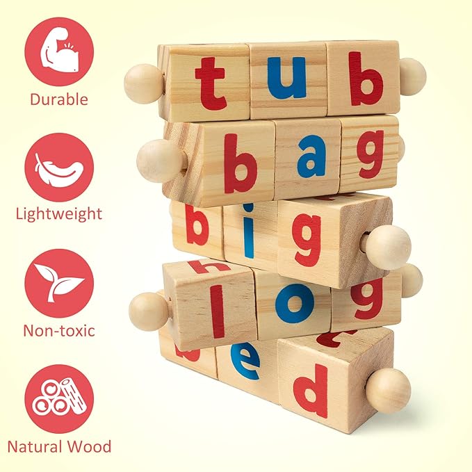 Coogam Wooden Reading Blocks Short Vowel Rods Spelling Games, Flash Cards Turning Rotating Letter Puzzle for Kids, Site Words Montessori Spinning Alphabet Learning Toy for Preschool Boys Girls