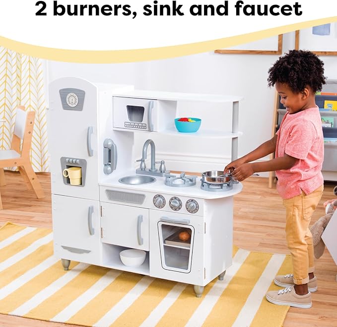KidKraft Vintage Wooden Play Kitchen with Pretend Ice Maker and Play Phone, White