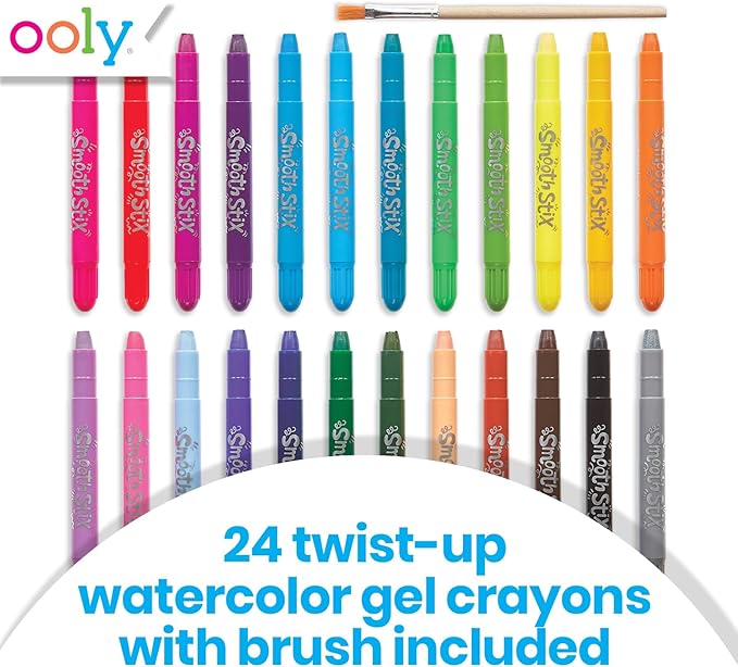 Ooly Smooth Stix Gel Crayons for Kids and Adults with Paint Brush - Set of 24 Watercolor Rainbow Crayons for Glass and Paper with Case, Twist-Up Gel Crayon Set