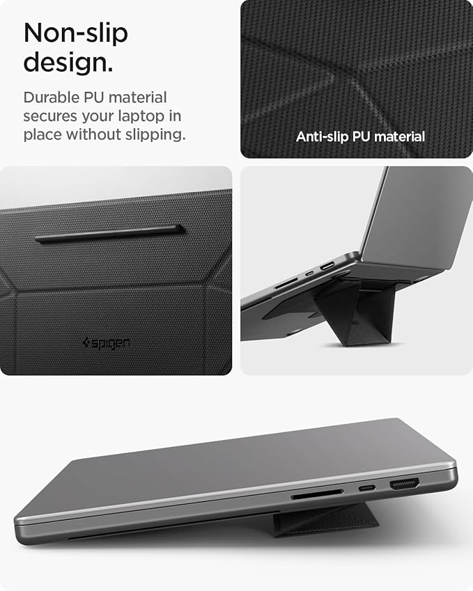 Spigen Slim Fold Adhesive Laptop Stand Foldable Portable Dual Ergonomic Angle Adjustment Lift Anti-Slip Compatible with MacBook Pro, MacBook Air 11"-16" and More - Black (LD201-S3)